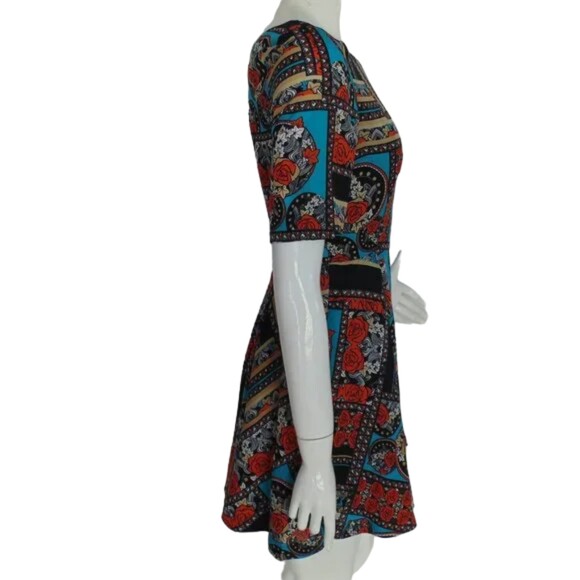 MINKPINK Dress, Jr M, Geometric Floral/Roses, Skater, Poly, Aqua/Black/ - Picture 5 of 12